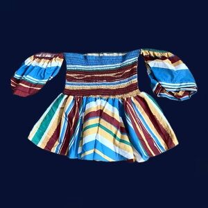 Boho-chic multi-coloured striped off-the-shoulder top with puffy sleeves